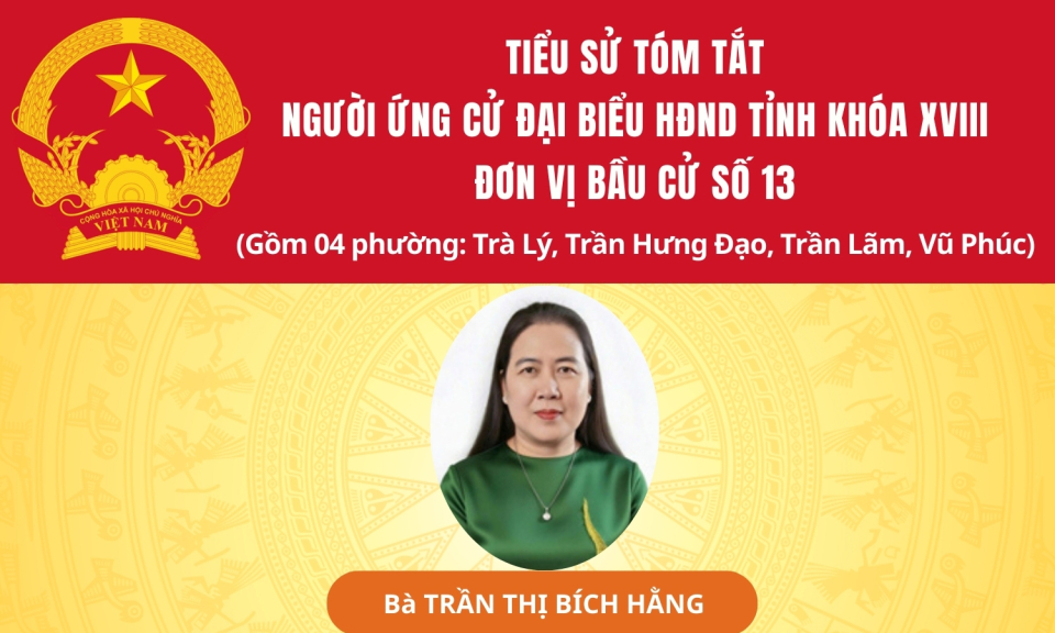 TIỂU SỬ VÀ CHƯƠNG TRÌNH HÀNH ĐỘNG CỦA ỨNG CỬ VIÊN ĐẠI BIỂU HĐND TỈNH KHÓA XVIII TẠI ĐƠN VỊ BẦU CỬ SỐ 13: BÀ TRẦN THỊ BÍCH HẰNG