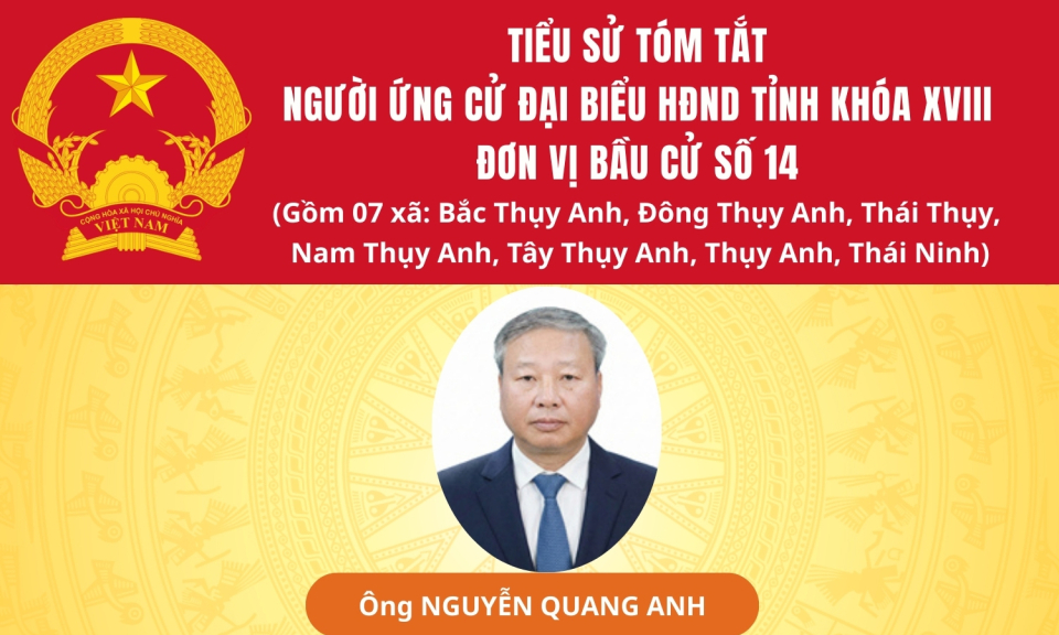 TIỂU SỬ VÀ CHƯƠNG TRÌNH HÀNH ĐỘNG CỦA ỨNG CỬ VIÊN ĐẠI BIỂU HĐND TỈNH KHÓA XVIII TẠI ĐƠN VỊ BẦU CỬ SỐ 14: ÔNG NGUYỄN QUANG ANH