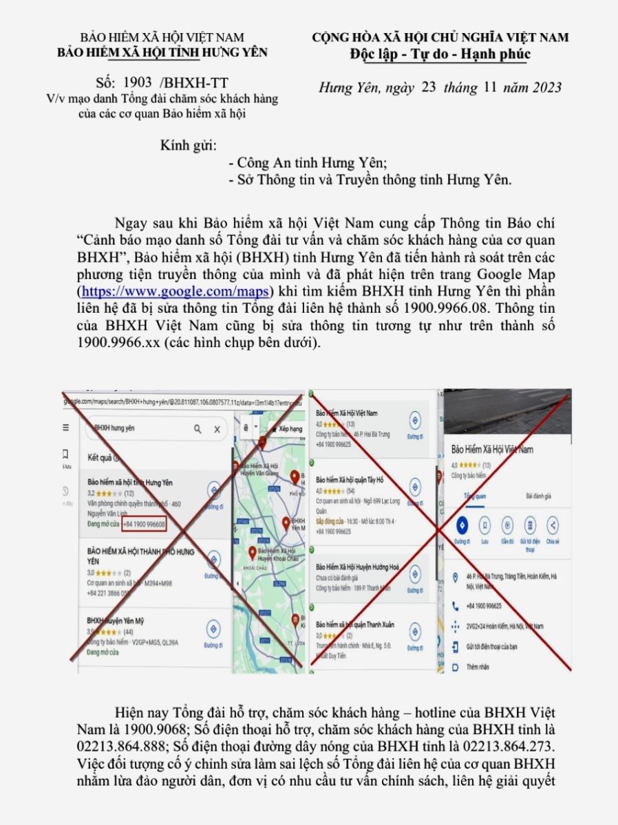 Cảnh báo mạo danh Tổng đài chăm sóc khách hàng của các cơ quan Bảo hiểm xã hội