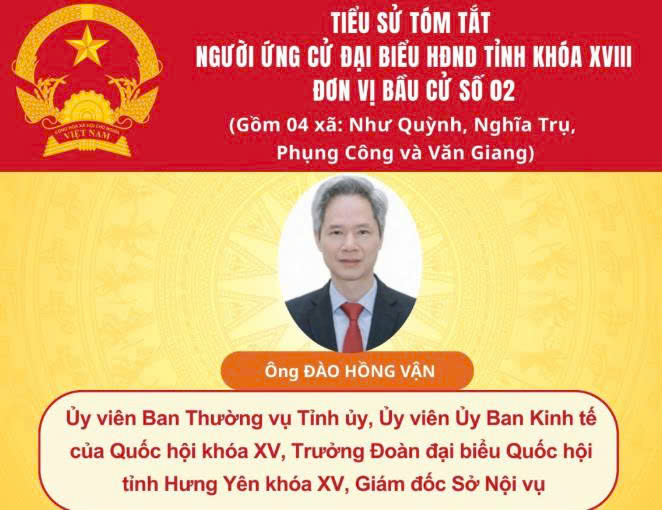 TIỂU SỬ VÀ CHƯƠNG TRÌNH HÀNH ĐỘNG CỦA ỨNG CỬ VIÊN ĐẠI BIỂU HĐND TỈNH KHÓA XVIII TẠI ĐƠN VỊ BẦU CỬ SỐ 2: ÔNG ĐÀO HỒNG VẬN